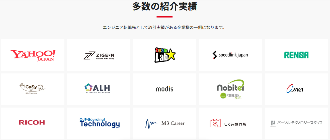侍エンジニアの転職先紹介実績