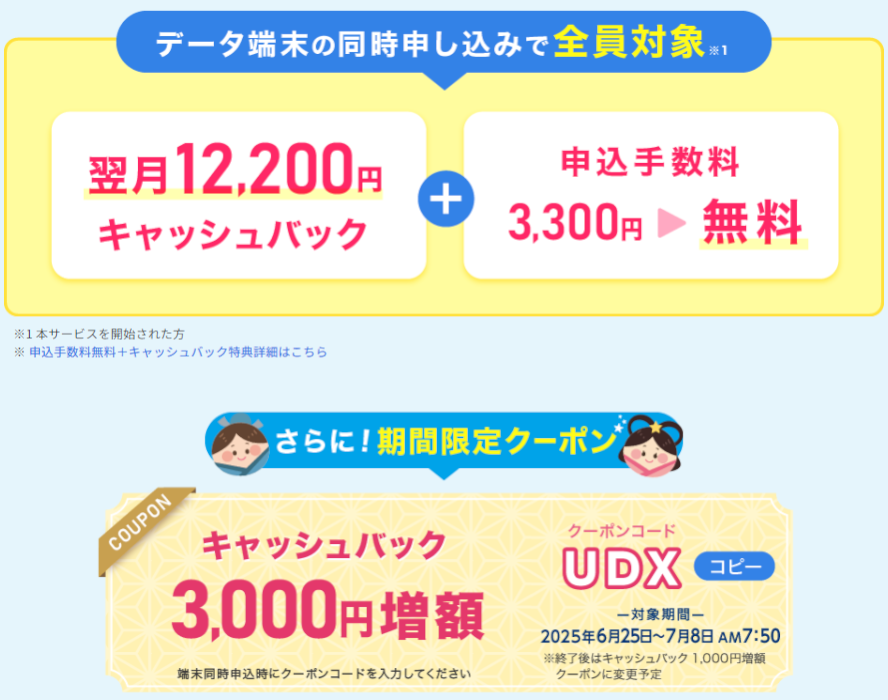 現金12,200円キャッシュバック+申込手数料無料+キャッシュバック3,000円増額のクーポンコード
