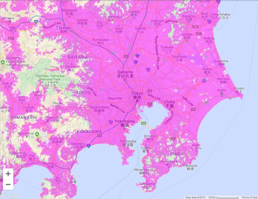 関東地方のWiMAXサービスエリアマップ