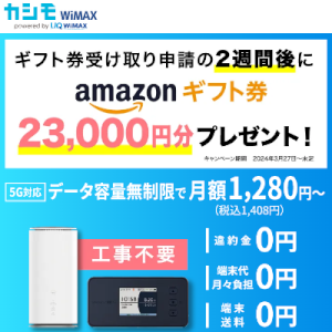 カシモWiMAX・当サイト限定Amazonギフト券キャッシュバック