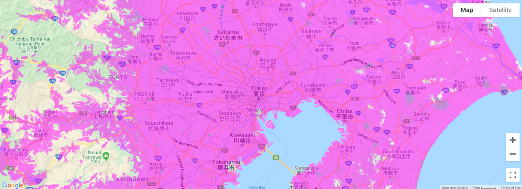 WiMAX 2+のサービスエリアマップ（関東地方）
