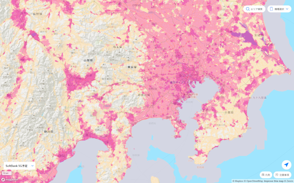 ソフトバンクの5G対応エリアマップ