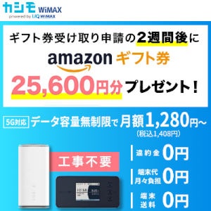 カシモWiMAX・当サイト限定Amazonギフト券キャッシュバック