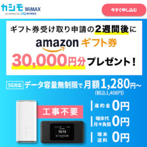 カシモWiMAX・当サイト限定Amazonギフト券キャッシュバック